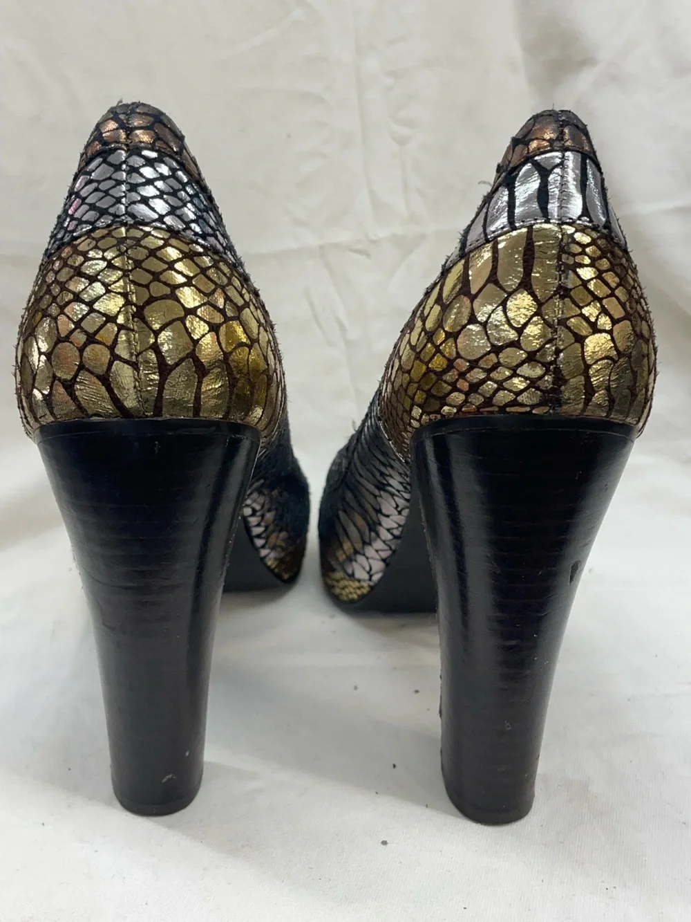 Nadara Metallic Copper & Silver Peep-Toe platform Pumps ladies sz 11